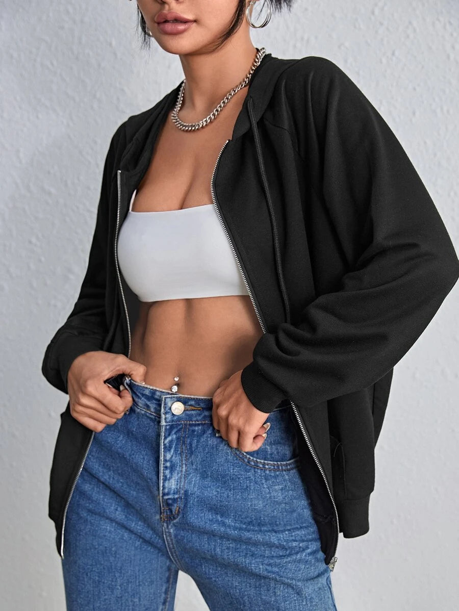 SHEIN EZwear هودي اسود سحاب بأكمام راجلان طويلة