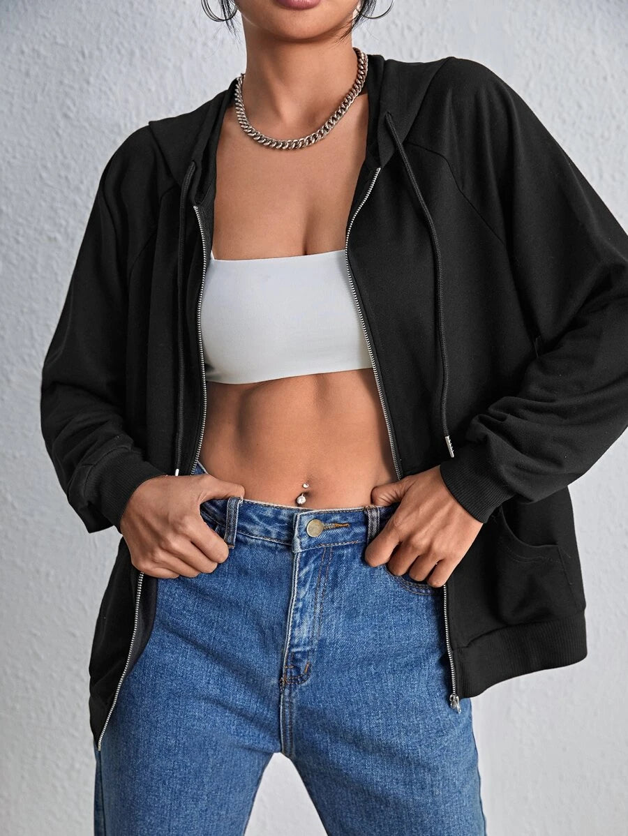 SHEIN EZwear هودي اسود سحاب بأكمام راجلان طويلة