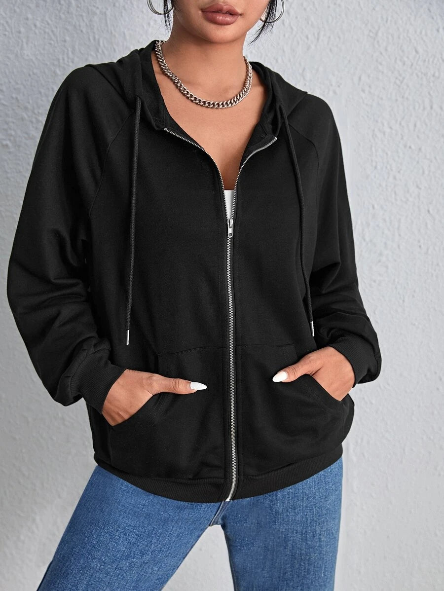 SHEIN EZwear هودي اسود سحاب بأكمام راجلان طويلة