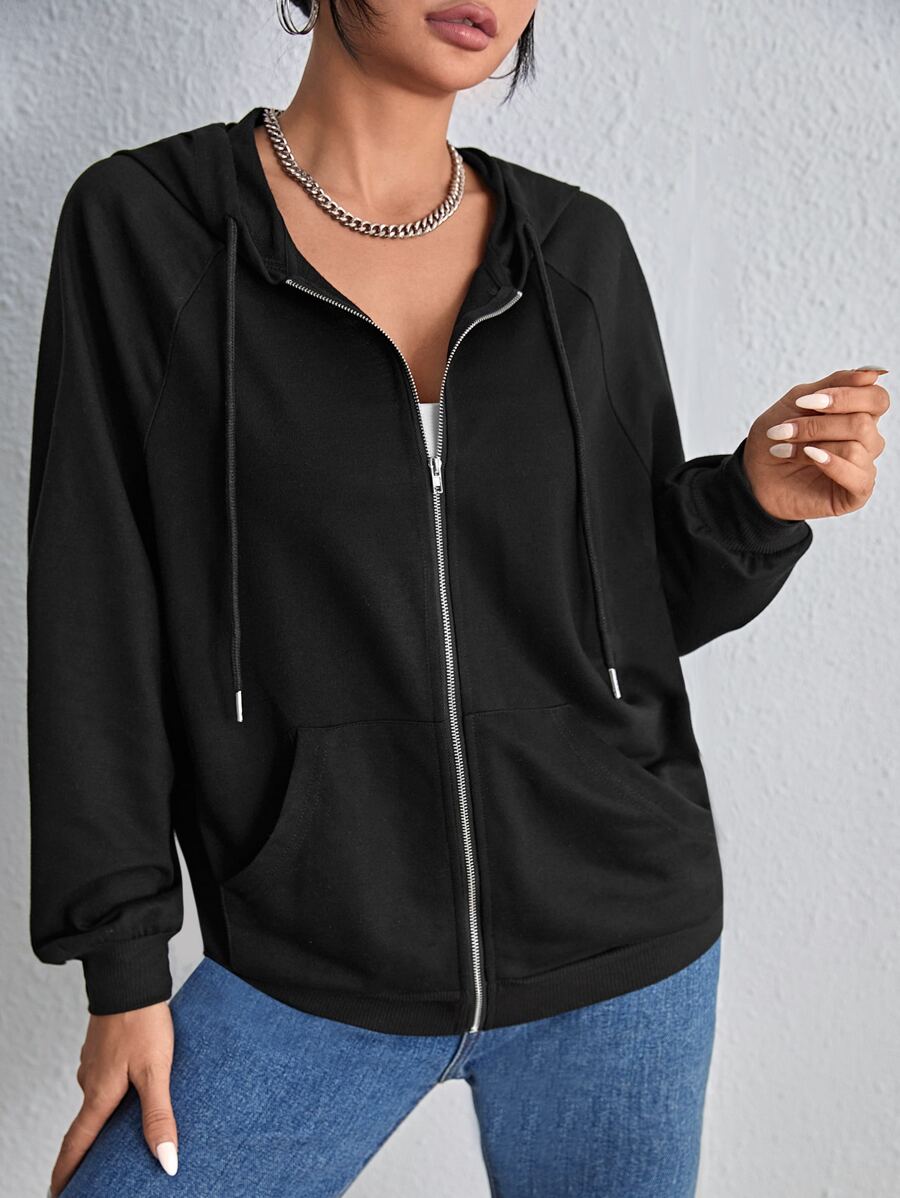 SHEIN EZwear هودي اسود سحاب بأكمام راجلان طويلة