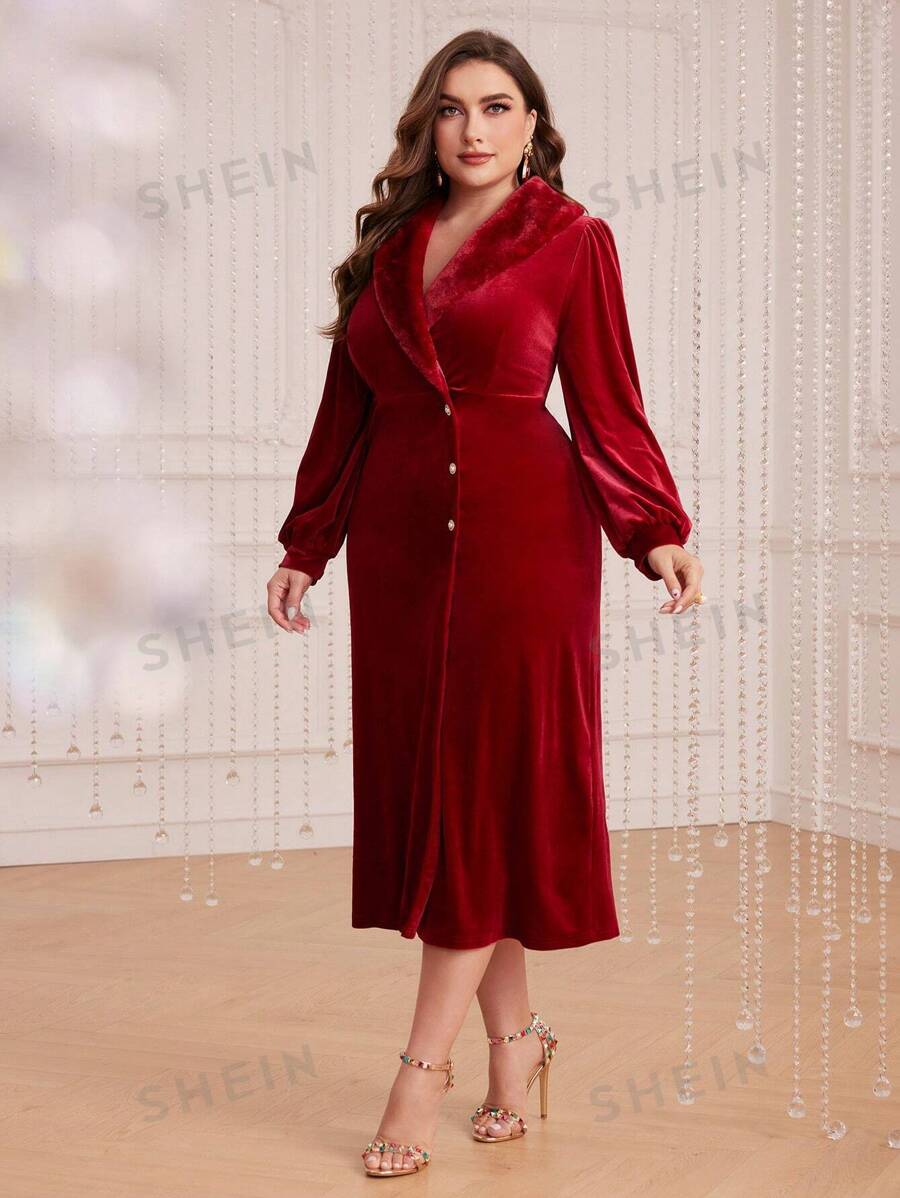 SHEIN Modely فستان ياقة طوق أكمام فانوس مخملي مقاس كبير