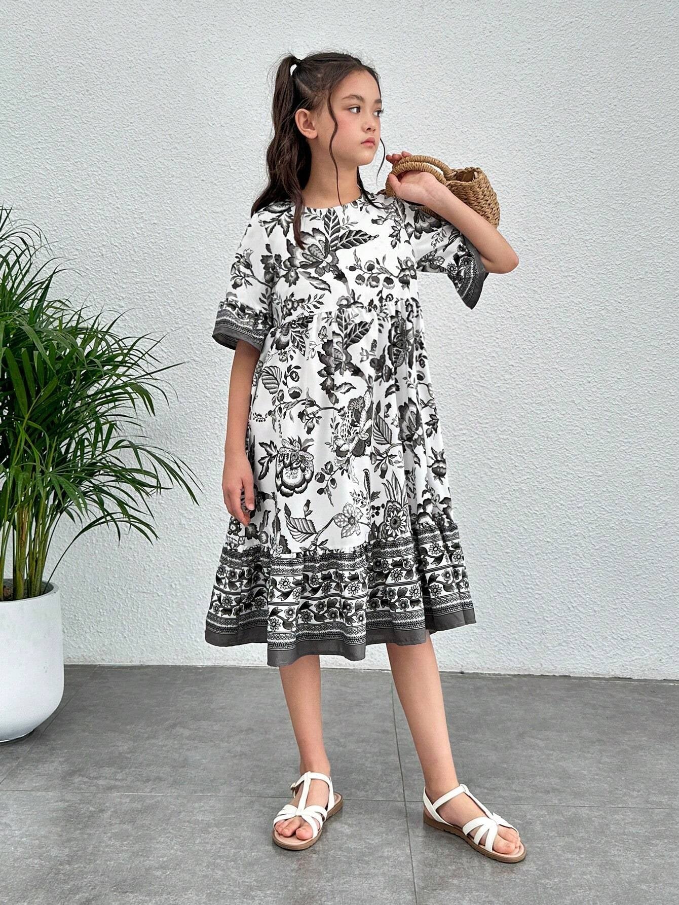 Tween Girl Floral Print Flounce Sleeve Ruffle Hem Dress