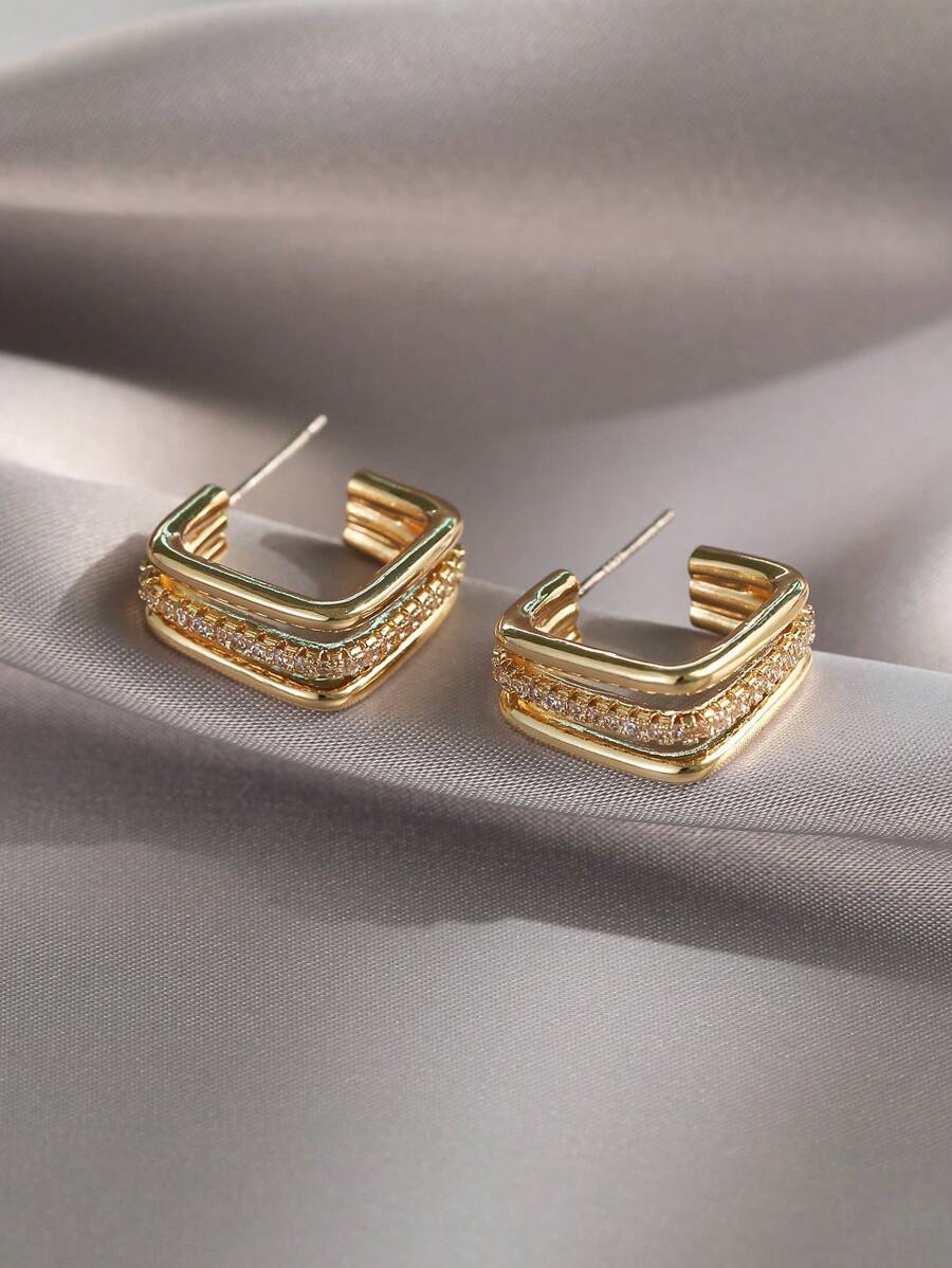 SHEIN زوج أقراط ذهبي حلقي هندسي بزركونيا