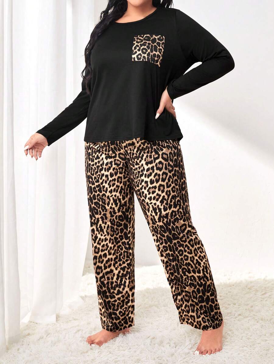 SHEIN بيجامة مطبوعة بنمر مع جيب مرقع