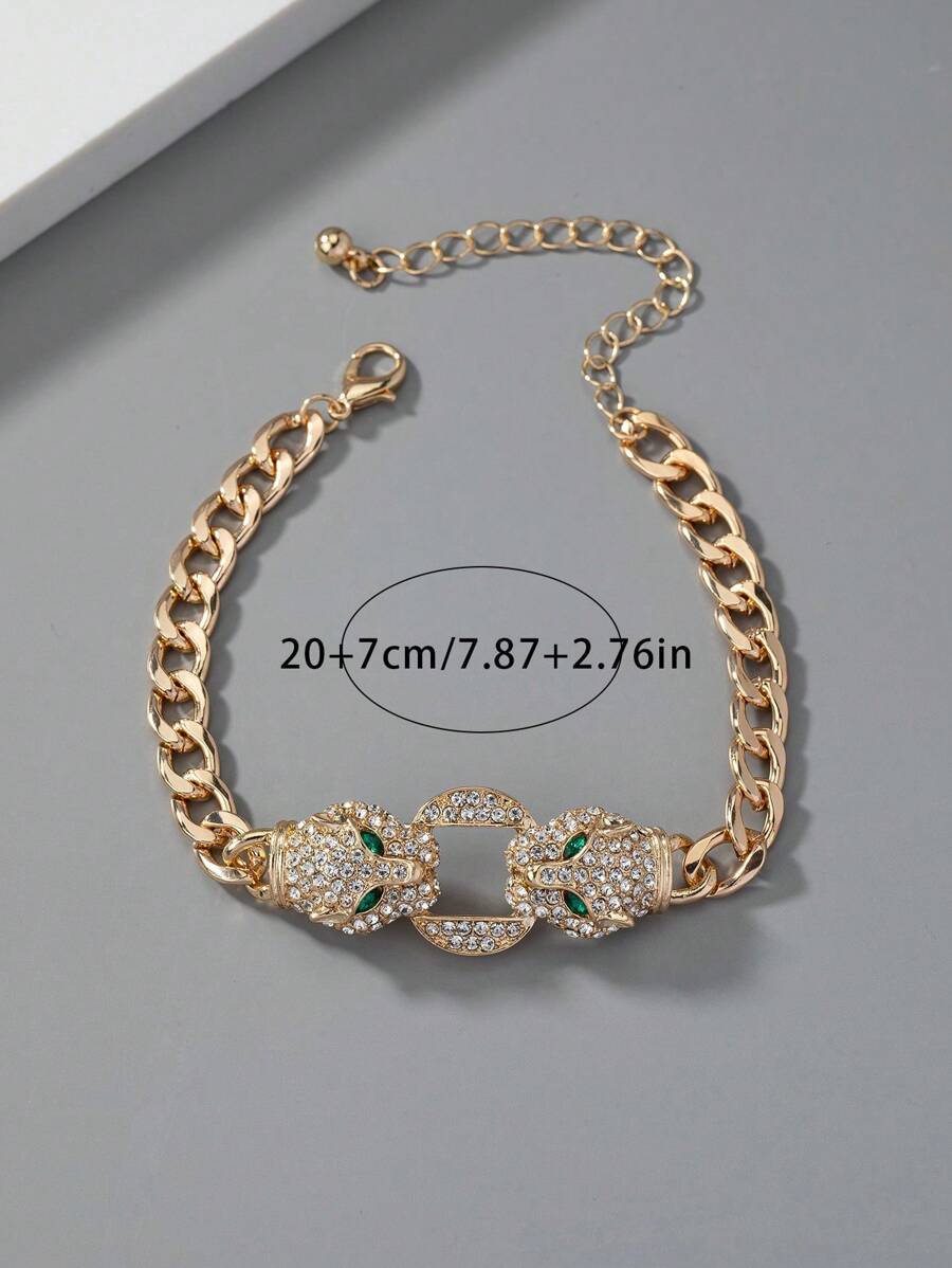 SHEIN سوار ذهبي مزدوج برأس فهد بعينين خضراوتين