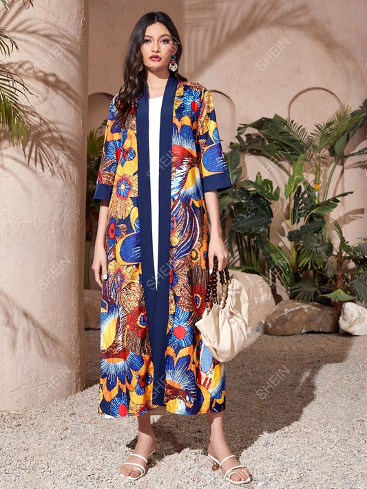 SHEIN Najma عباءة بطبعة الزهور مفتوحة من الأمام