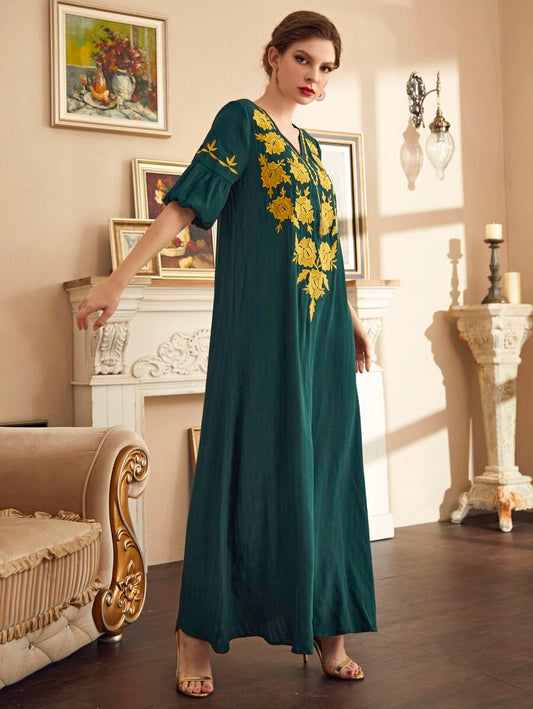 SHEIN Najma فستان نسائي طويل بأكمام الأسقف وتطريز زهري