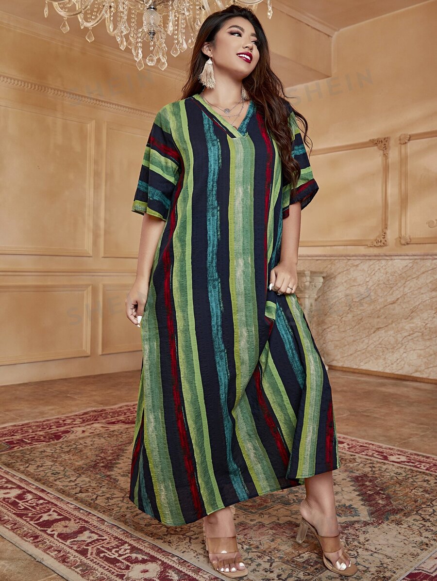 SHEIN Mulvari فستان نسائي طويل مخطط مقاسات كبيرة