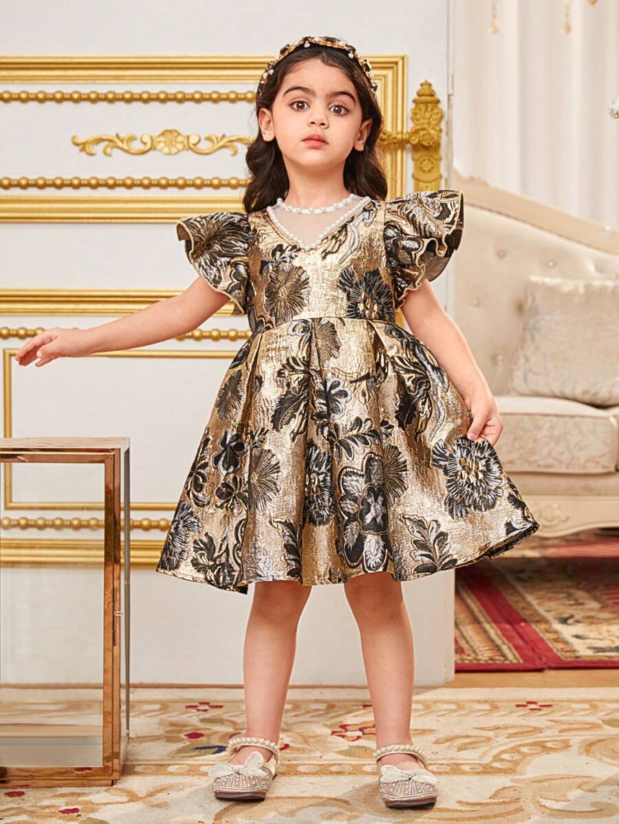 SHEIN Kids فستان بنات مخملي جاكار مزين باللؤلؤ والخرز، ذو أكمام طائرة للفتيات الصغيرات