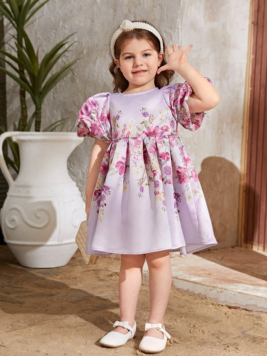 SHEIN Kids فستان بنات نقش الزهور بأكمام منتفخة للفتيات الصغيرات
