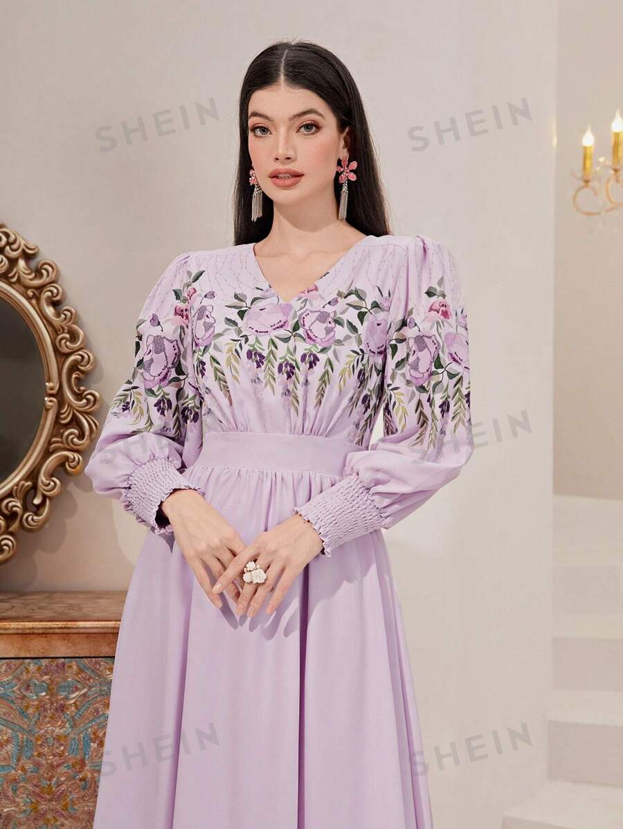 SHEIN Modely فستان بشريط A طباعة الأزهار أكمام فانوس