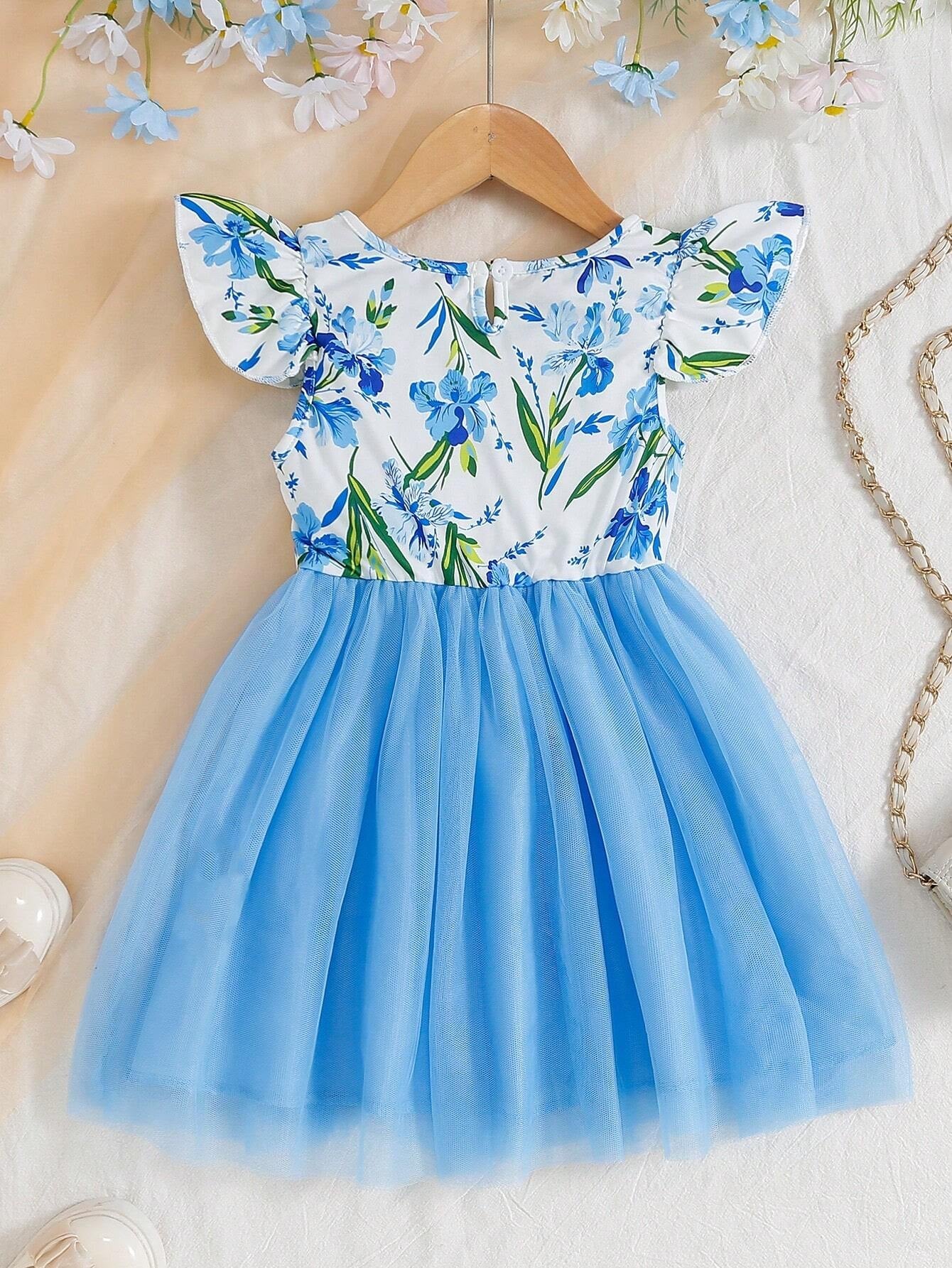 Young Girl Floral Print Contrast Mesh A-Line Dress