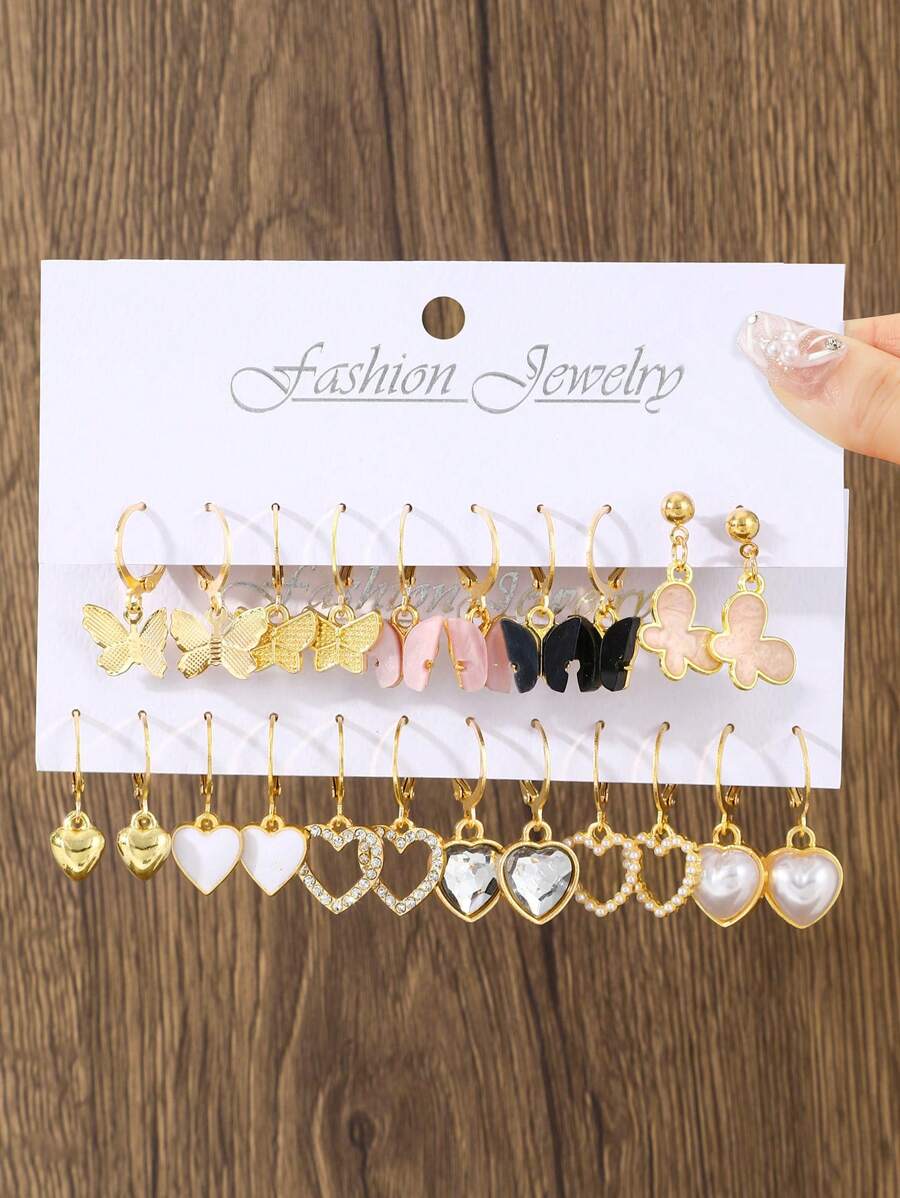 SHEIN مجموعة أقراط ذهبية بحجر راين وخرز على شكل فراشة
