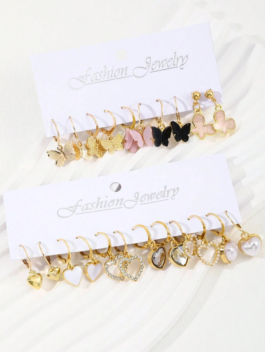 SHEIN مجموعة أقراط ذهبية بحجر راين وخرز على شكل فراشة