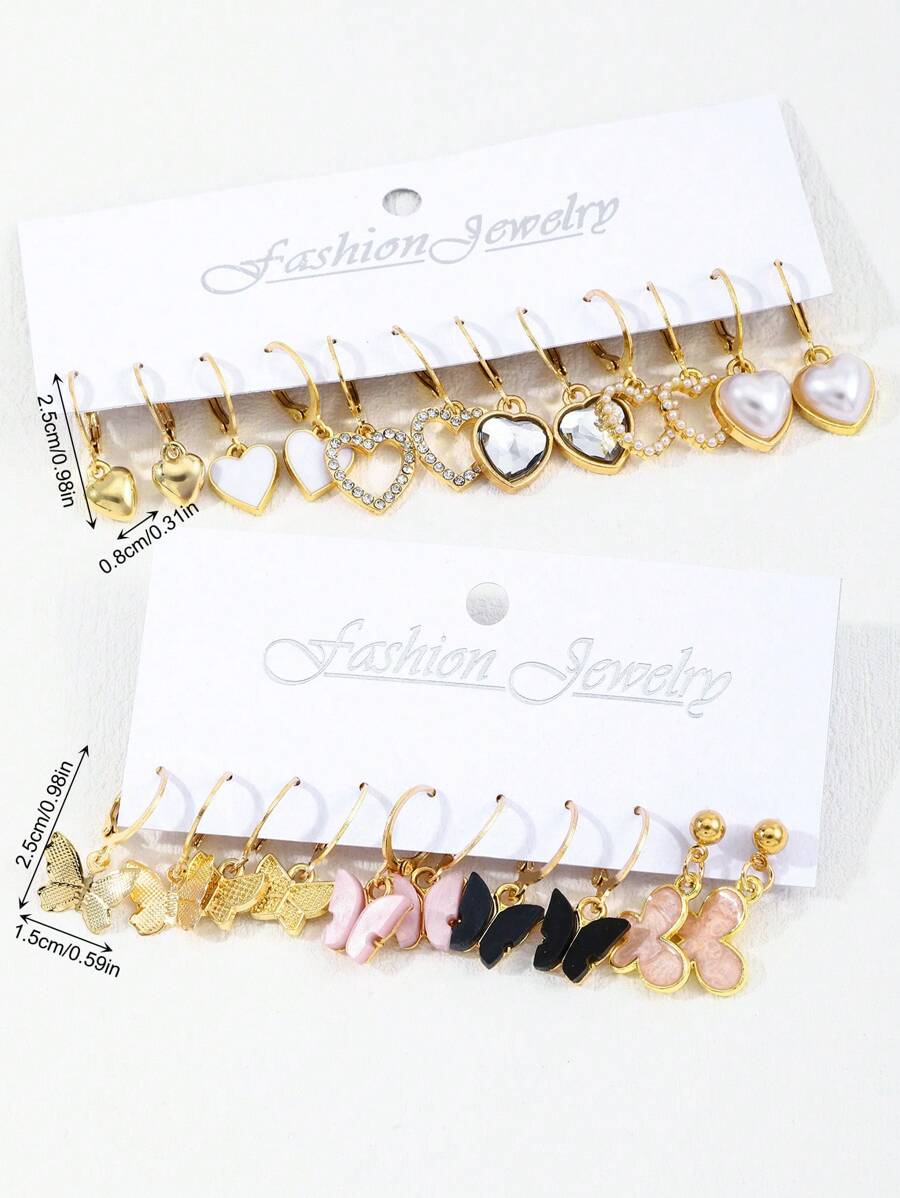 SHEIN مجموعة أقراط ذهبية بحجر راين وخرز على شكل فراشة