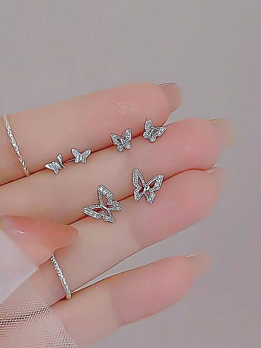 SHEIN أقراط فراشة فضية 3 قطع
