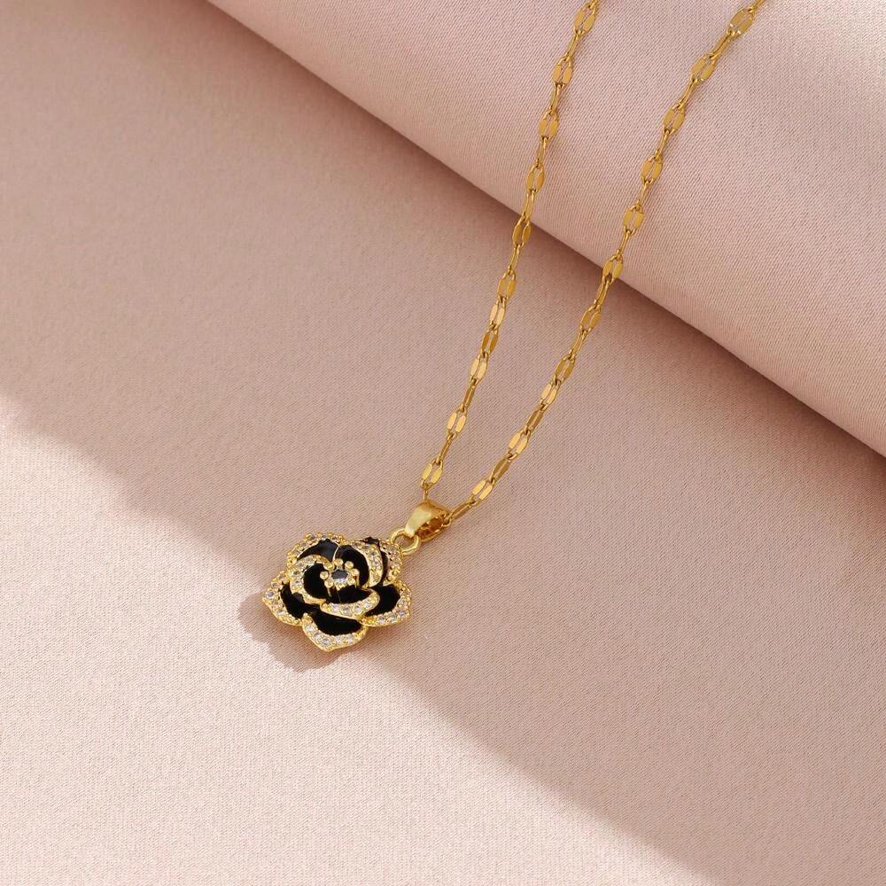 SHEIN طقم قلادة وأقراط مطلي ذهب عيار 18 وردة سوداء