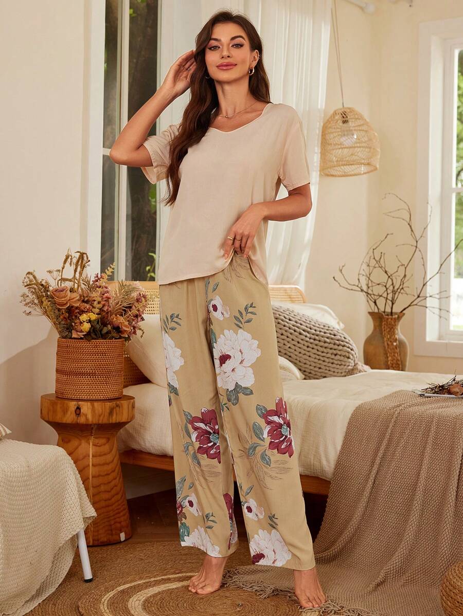 SHEIN Serenescape طقم بيجاما نسائي مكون من قطعتين بزهور كبيرة أنيقة من القطن