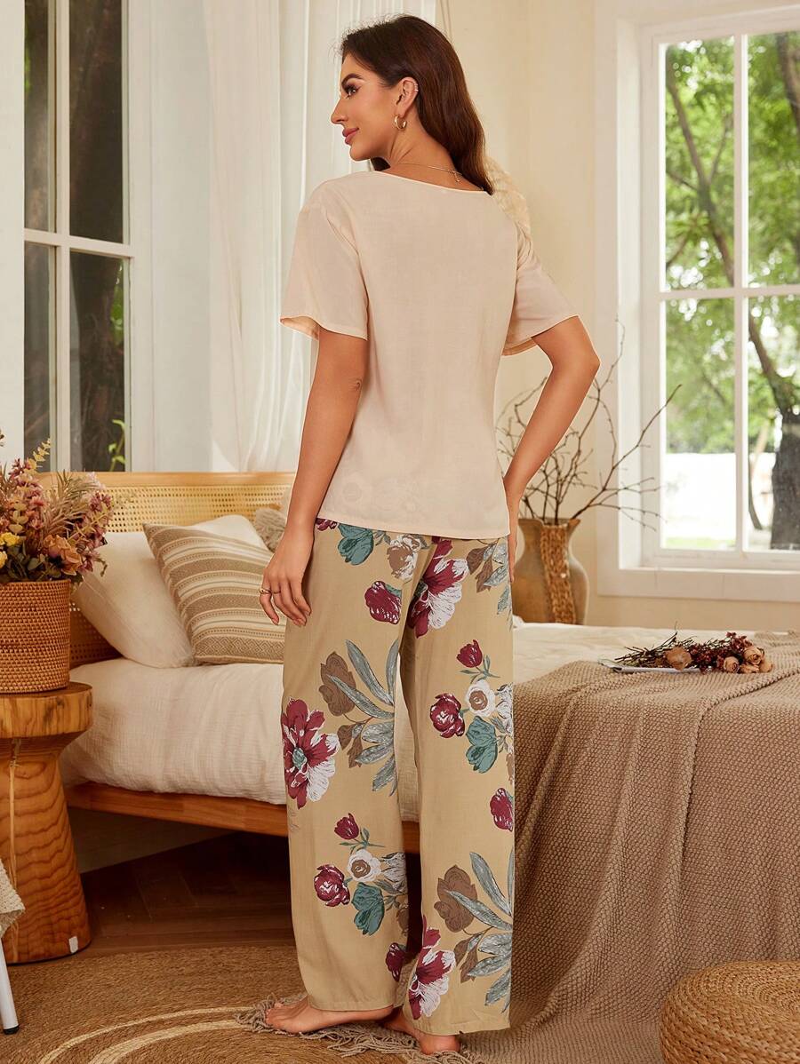 SHEIN Serenescape طقم بيجاما نسائي مكون من قطعتين بزهور كبيرة أنيقة من القطن
