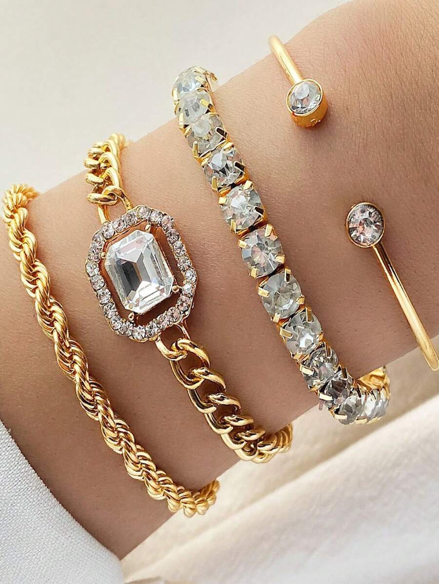 SHEIN مجموعة أساور ذهبية 4 قطع مجدولة مرصعة بالراين