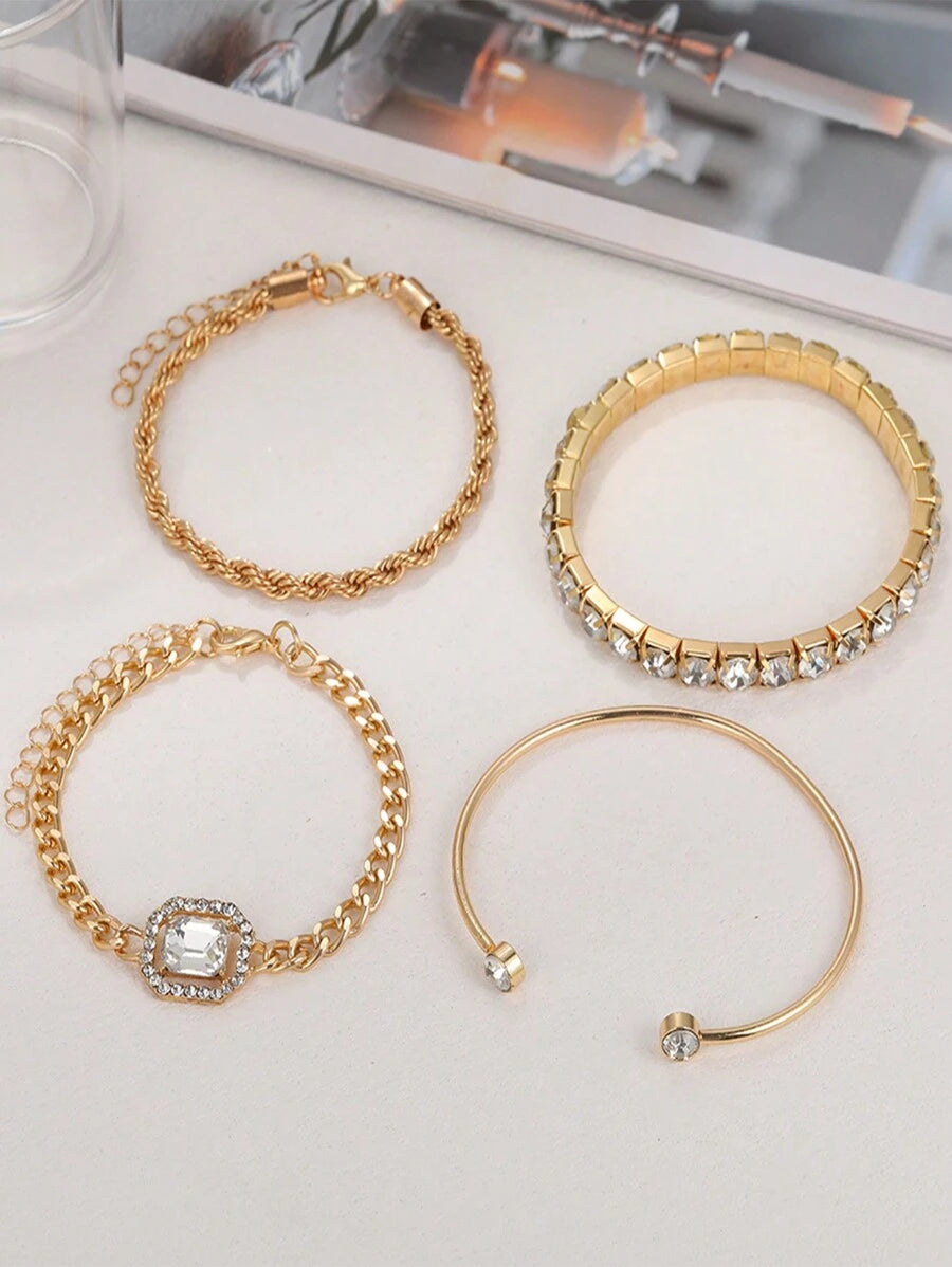 SHEIN مجموعة أساور ذهبية 4 قطع مجدولة مرصعة بالراين