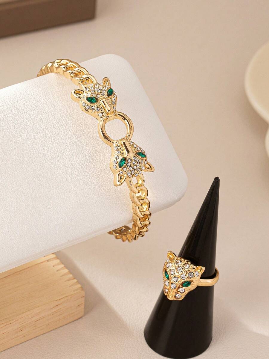 SHEIN مجموعة سوار وخاتم ذهبي برأس فهد مفتوح