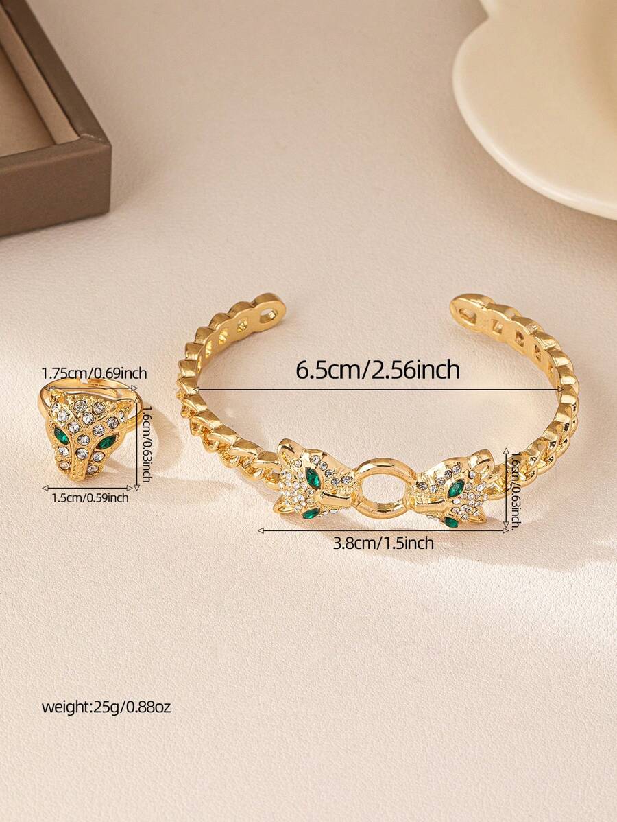 SHEIN مجموعة سوار وخاتم ذهبي برأس فهد مفتوح