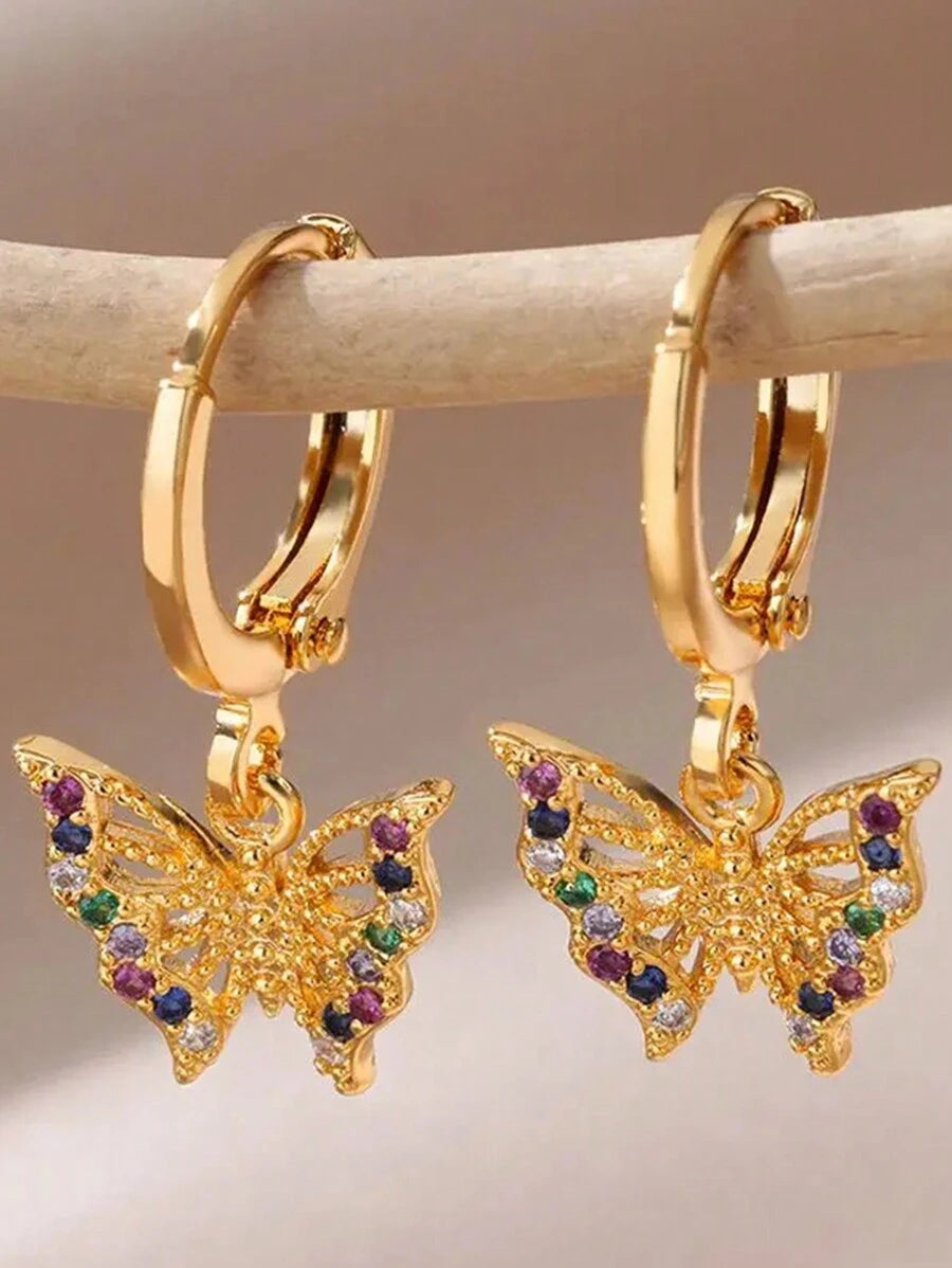 SHEIN زوج أقراط فراشة زركونية ذهبية من الفولاذ