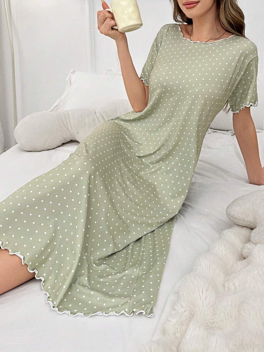 SHEIN فستان نوم طويل بطبعة منقطة مع حافة برسيم