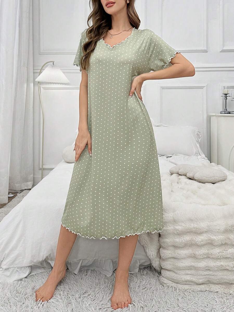 SHEIN فستان نوم طويل بطبعة منقطة مع حافة برسيم