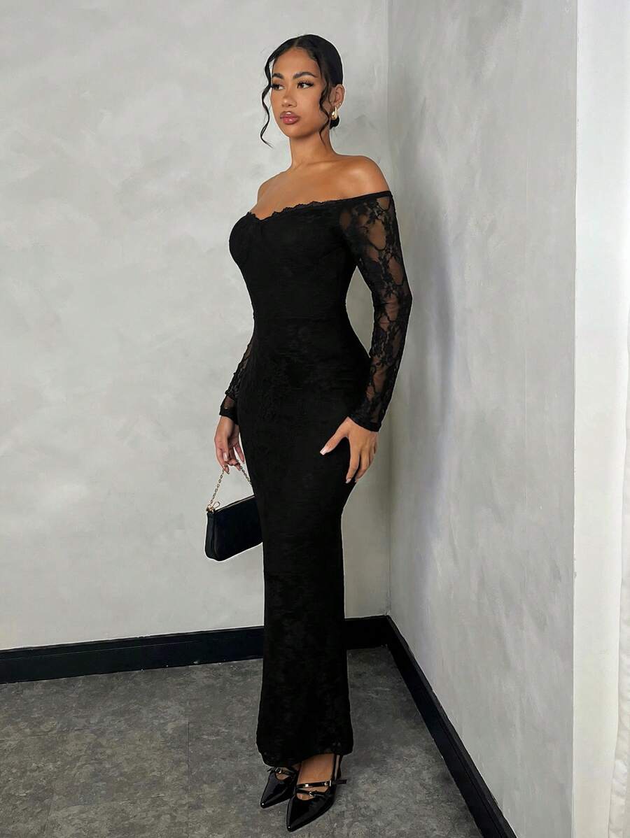 SHEIN BAE فستان اسود ضيق بأكمام دانتيل بدون كتف