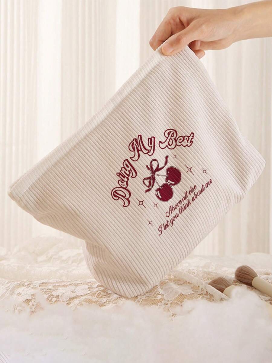 SHEIN ROMWE Kawaii حقيبة تجميل كورديروي بطبعة كرز وحروف مطبوعة على الوجهين