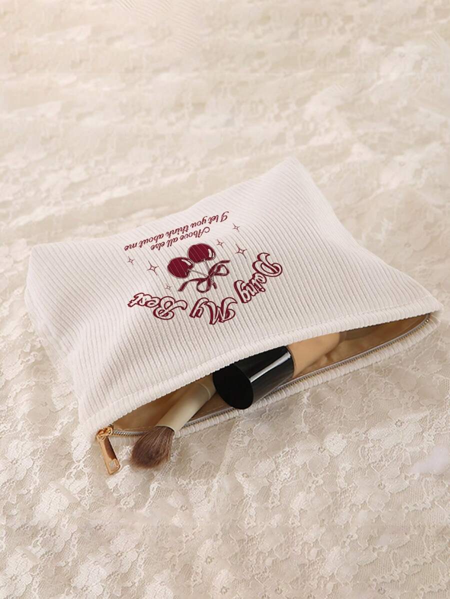 SHEIN ROMWE Kawaii حقيبة تجميل كورديروي بطبعة كرز وحروف مطبوعة على الوجهين