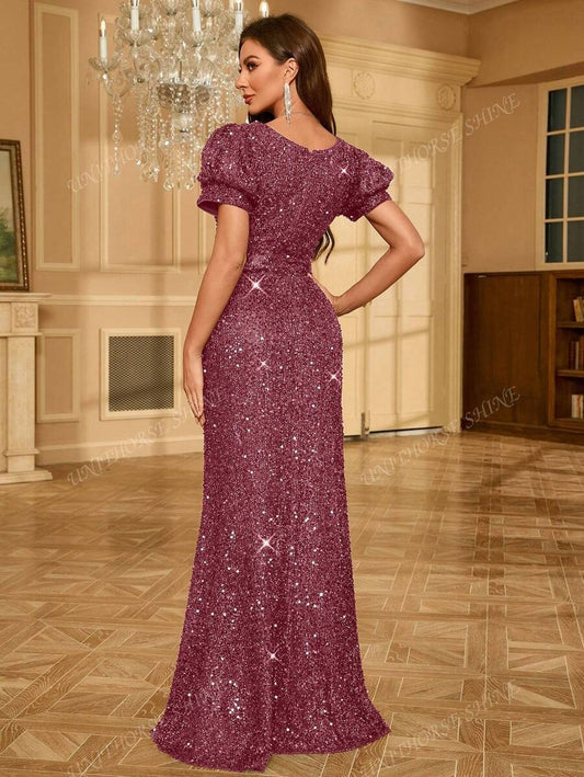 SHEIN UNITHORSE فستان أنيق ضيق بترتر وأكمام منتفخة بلون وردي مغبر