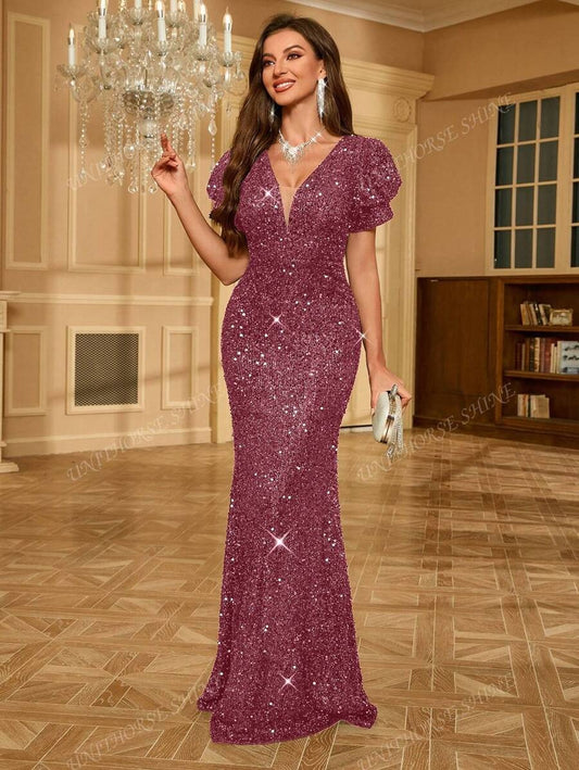 SHEIN UNITHORSE فستان أنيق ضيق بترتر وأكمام منتفخة بلون وردي مغبر