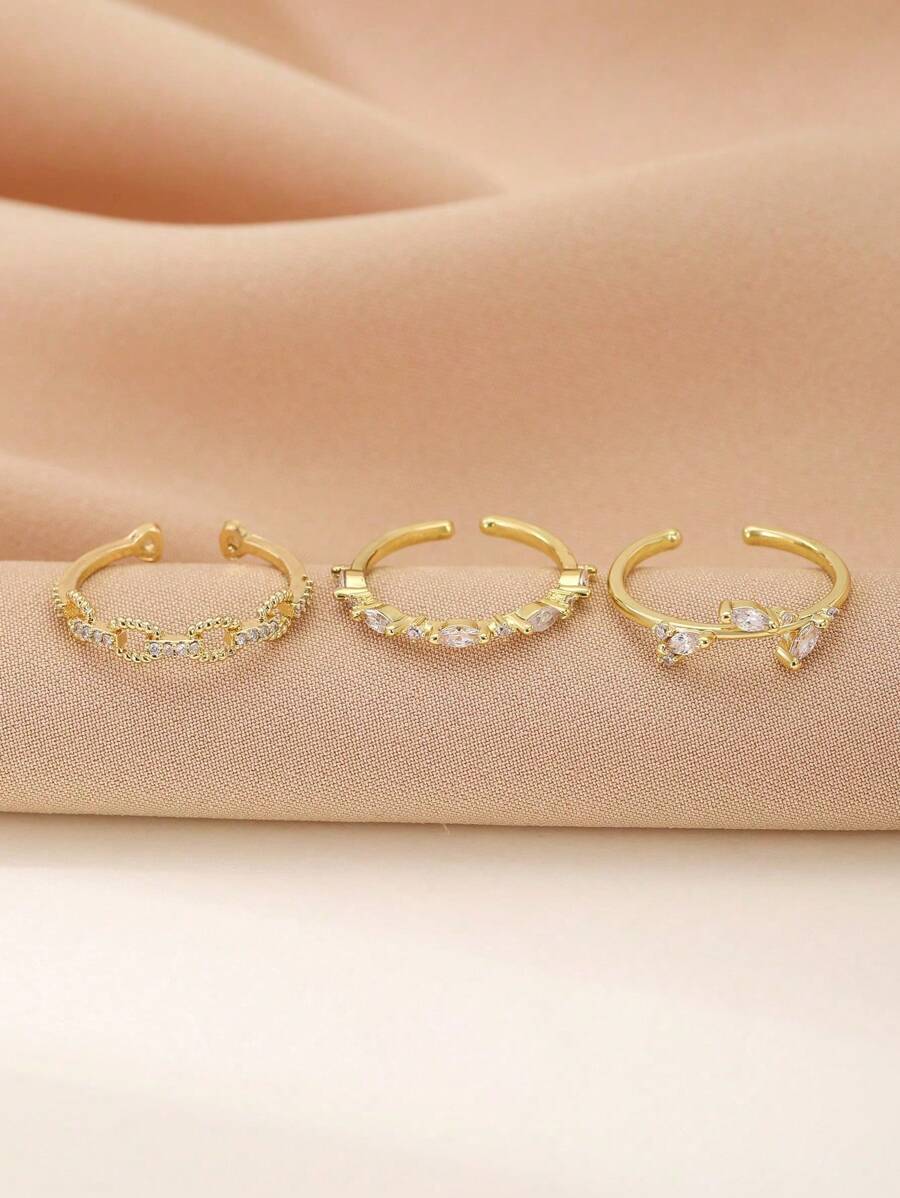 SHEIN طقم 3 خواتم مزينة بخرز وراين ستون للنساء