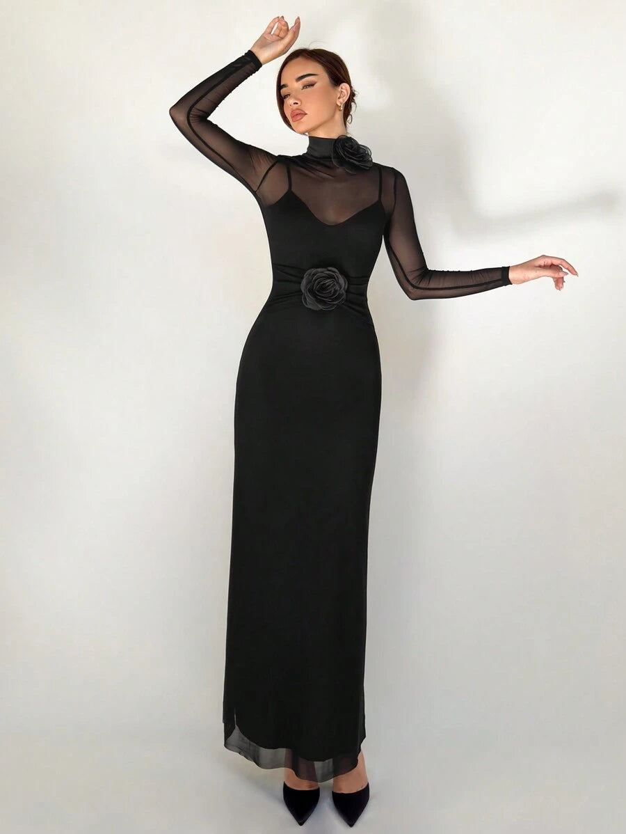 SHEIN Aloruh فستان أسود بأكمام طويلة بتطريز زهري