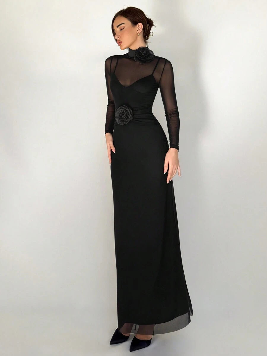 SHEIN Aloruh فستان أسود بأكمام طويلة بتطريز زهري