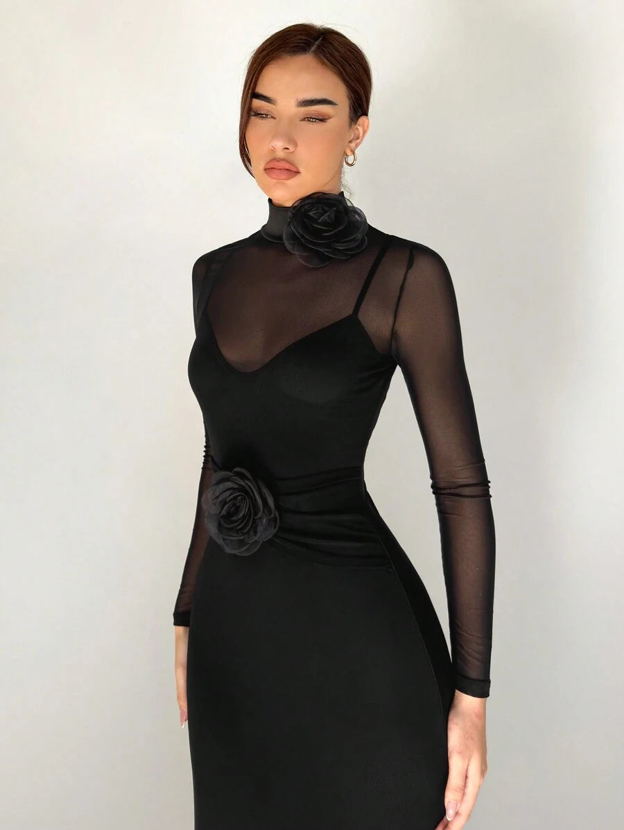 SHEIN Aloruh فستان أسود بأكمام طويلة بتطريز زهري