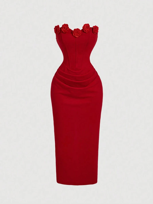 SHEIN MOD فستان متوسط الطول بلون أحمر