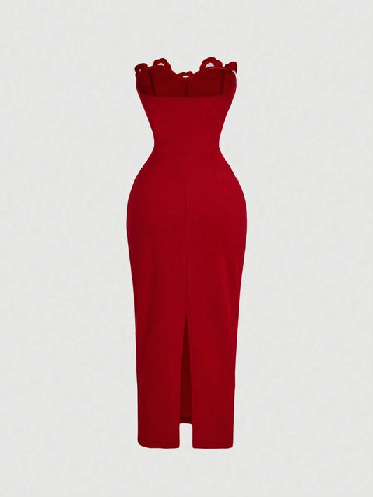 SHEIN MOD فستان متوسط الطول بلون أحمر