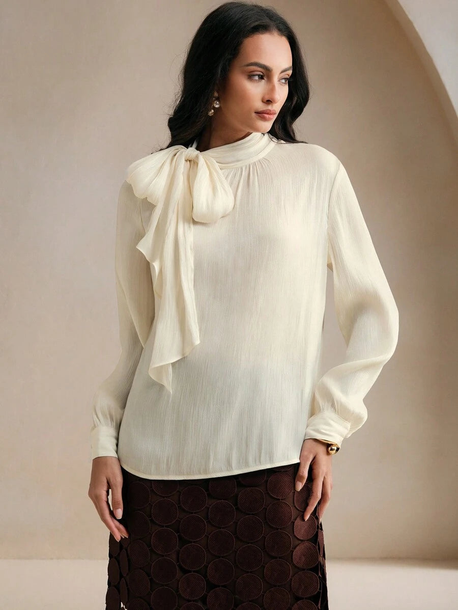 SHEIN Anewsta بلوزة برقبة عالية وربطة عنق فرنسية