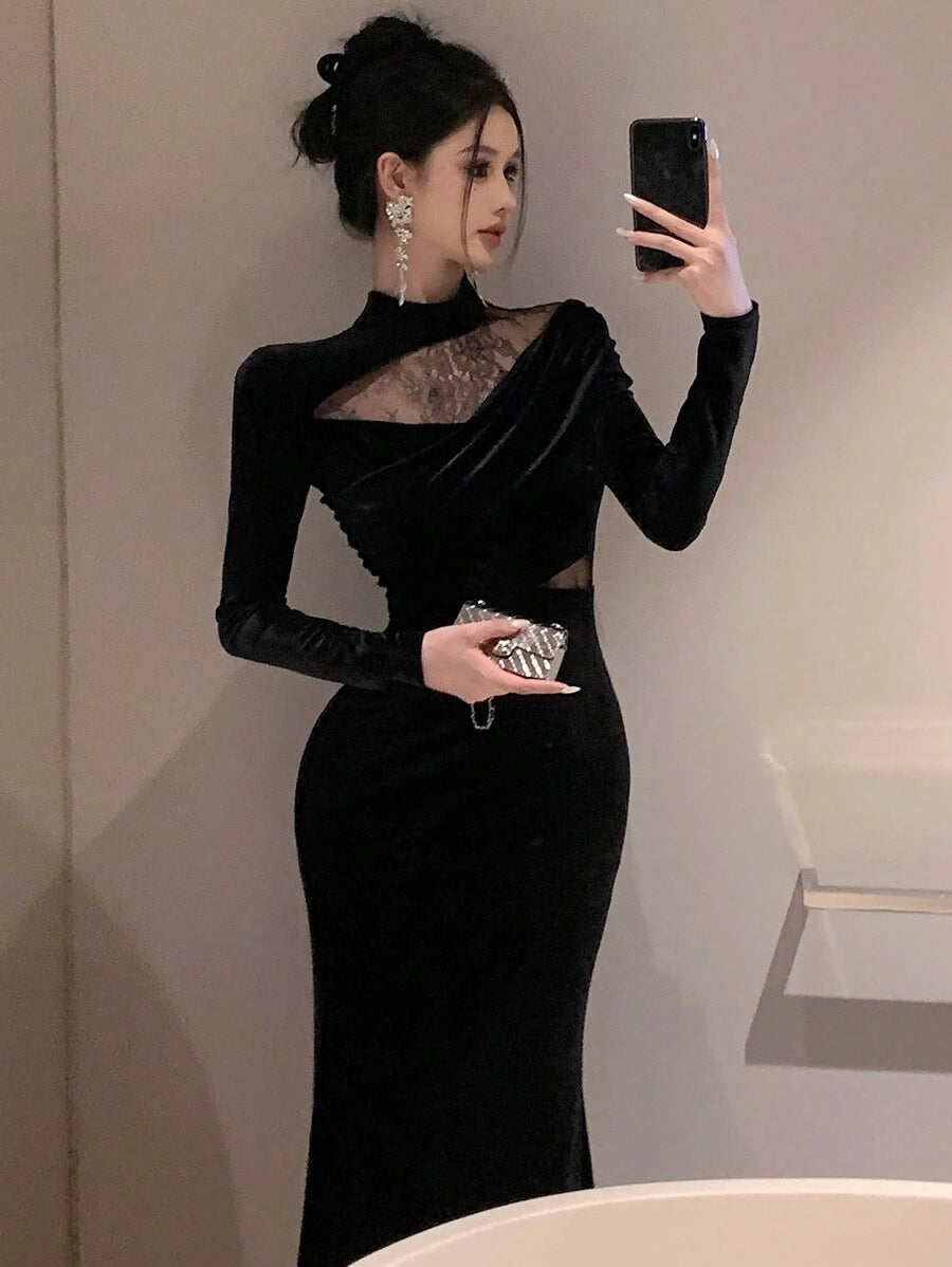 SHEIN DAZY فستان أسود أنيق بياقة عالية وأكمام طويلة من قماش الدانتيل