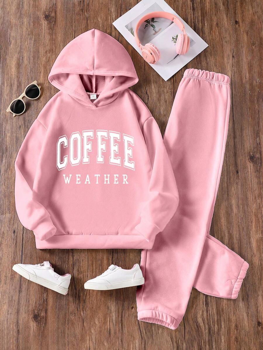 SHEIN طقم هوديي سادة مطبوع عليه حرف للبنات كاجوال