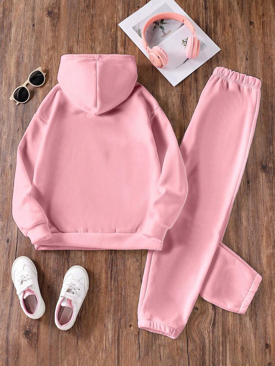 SHEIN طقم هوديي سادة مطبوع عليه حرف للبنات كاجوال