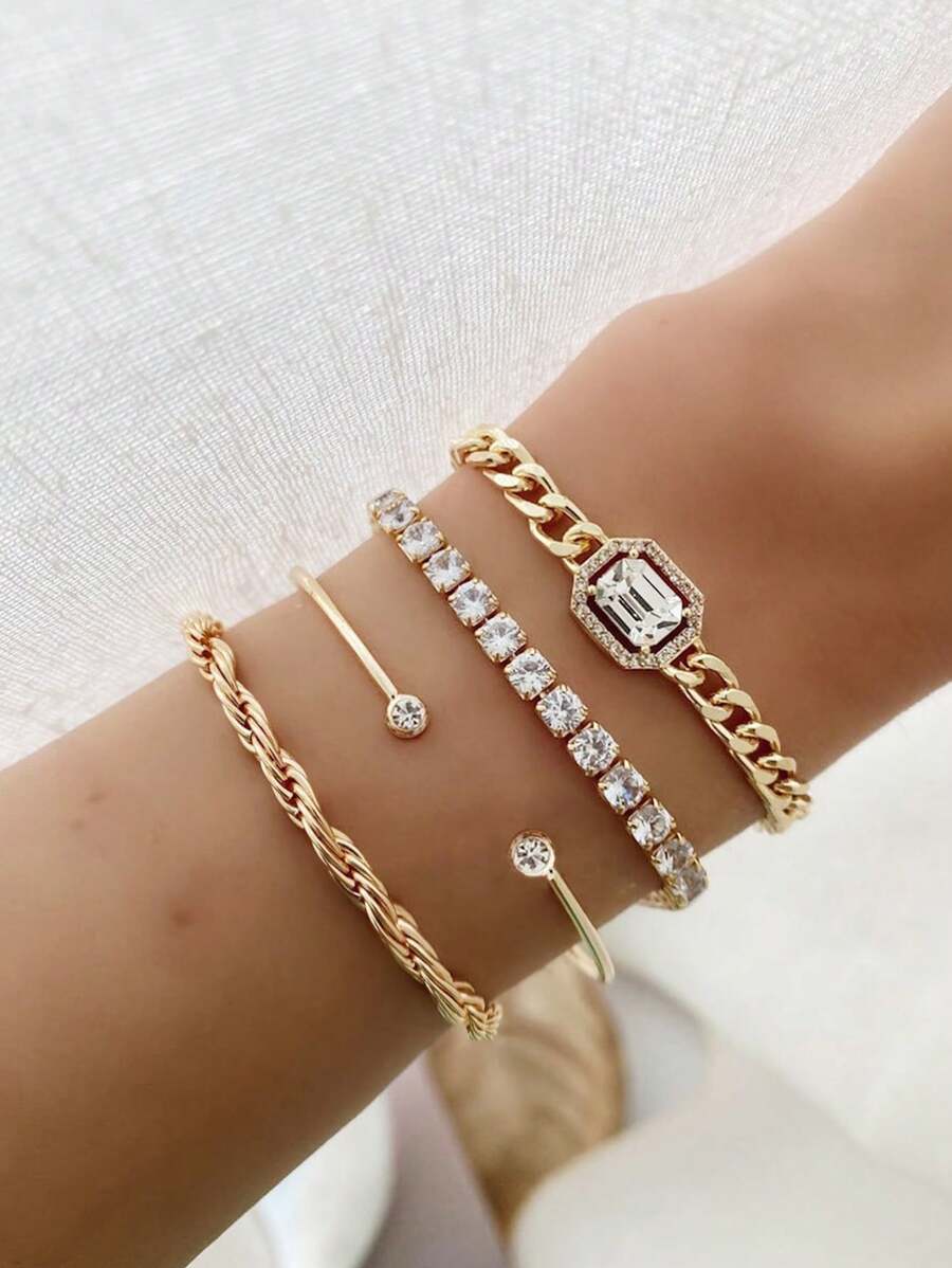 SHEIN مجموعة أساور 4 قطع ذهبية مزخرفة بالأحجار الكريمة