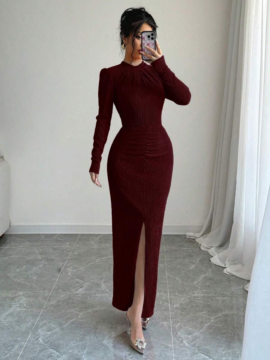 SHEIN Elenzga فستان طويل بأكمام طويلة وأكتاف مرتفعة