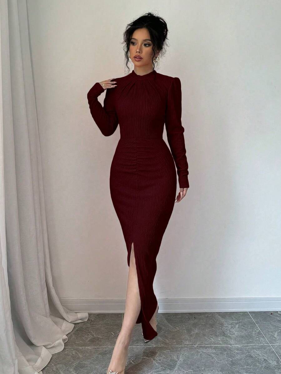 SHEIN Elenzga فستان طويل بأكمام طويلة وأكتاف مرتفعة