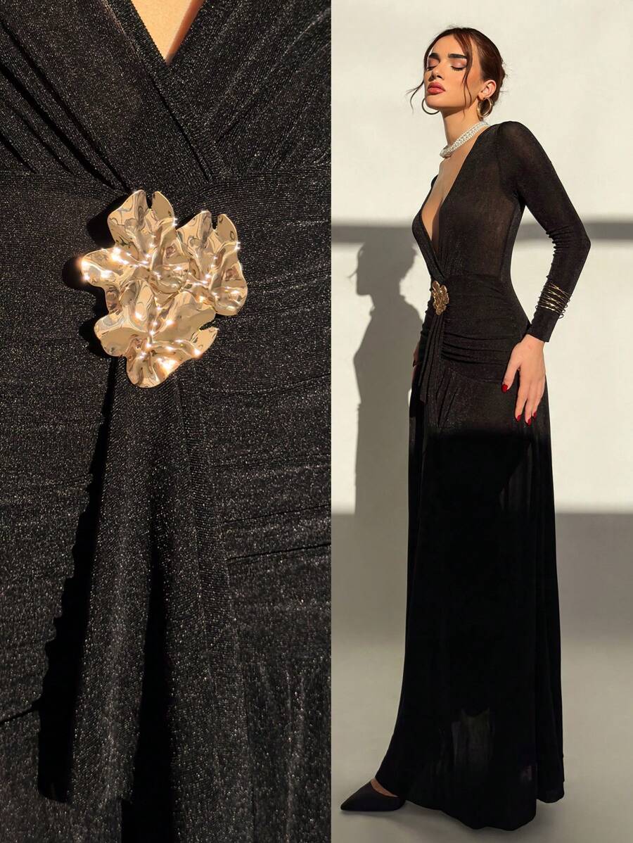 SHEIN Aloruh فستان اسود بياقة متدلية مزين
