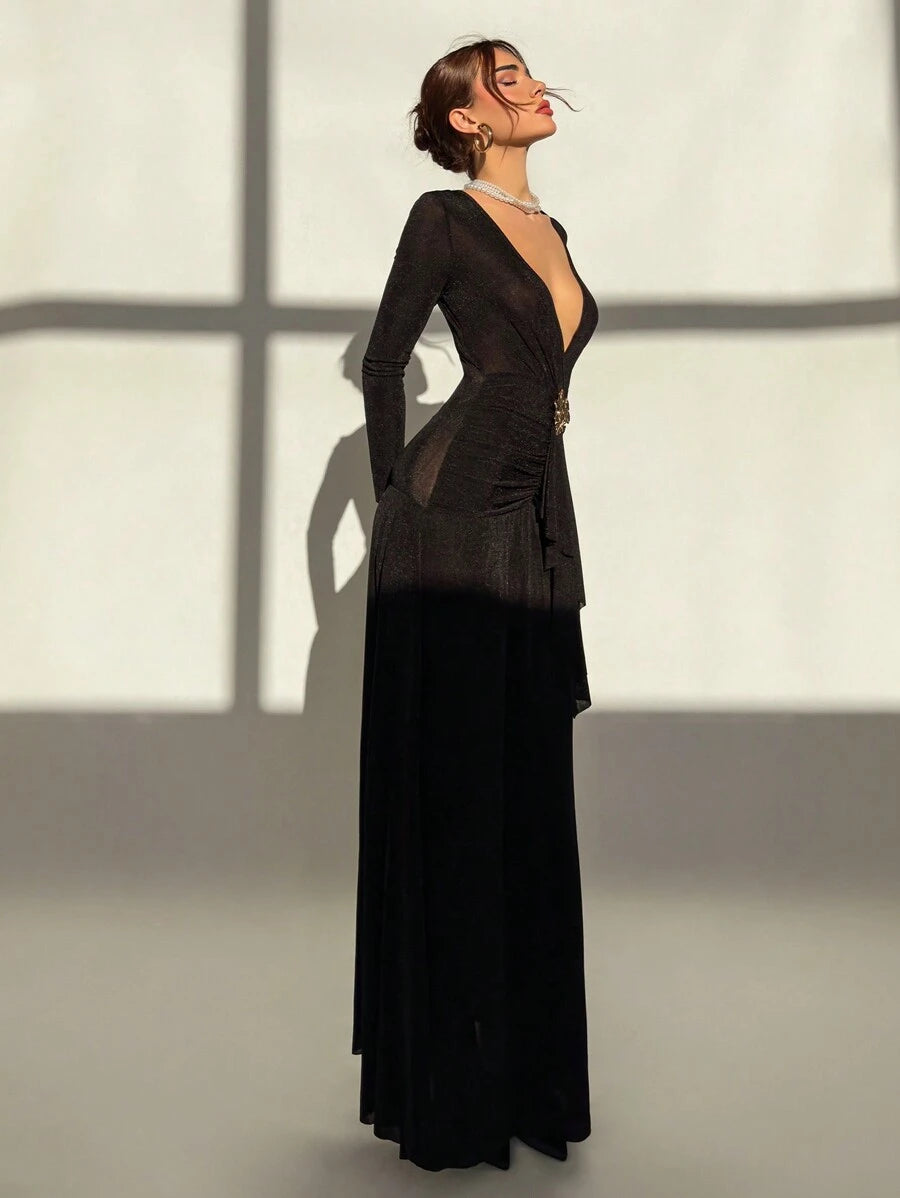 SHEIN Aloruh فستان اسود بياقة متدلية مزين